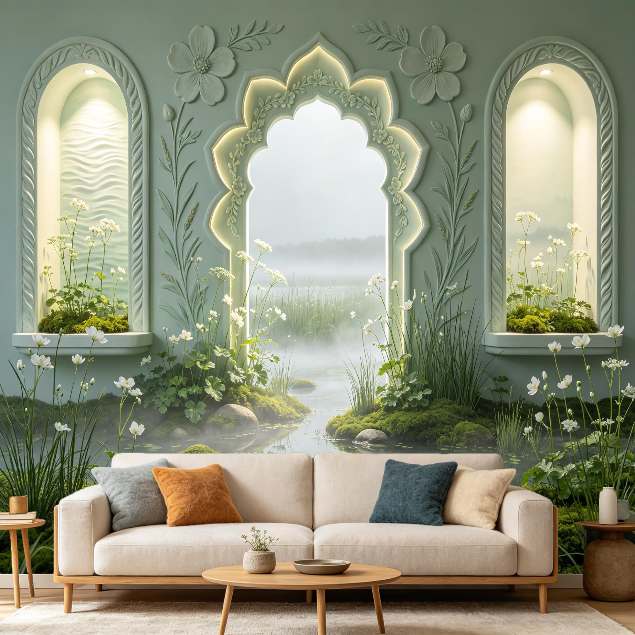 Custom Size Wall Mural， 3D Archway Pond Foggy Lake White Flowers， SelfAdhesive Art Prints wall Fabric Removable Large Wallpaper Home Living Room Decor