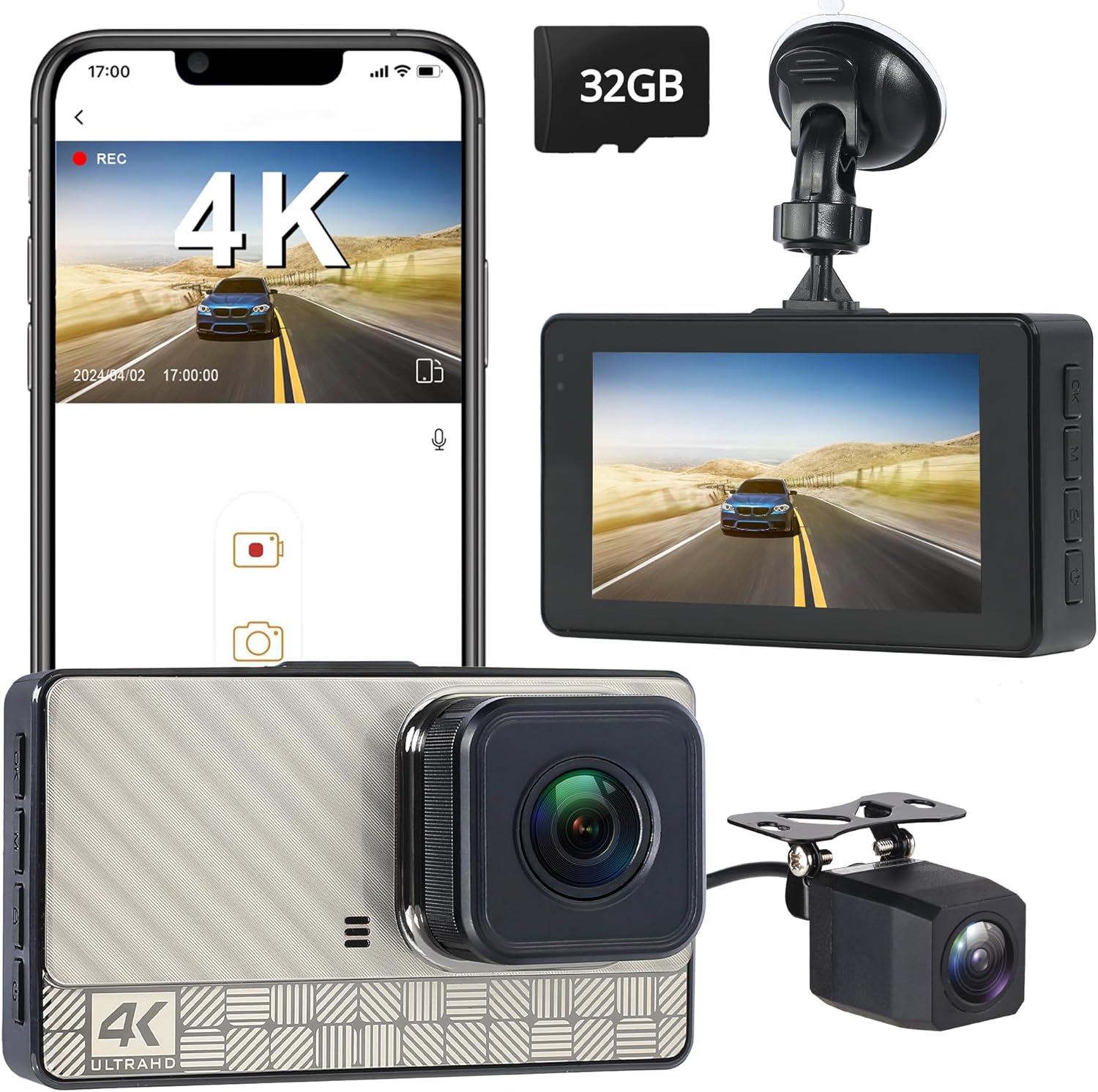 4K Front Dash Cam & 2K Rear Full HD Dash Camera for Cars, Included 32GB Card, 170° Wide Angle, Built-in Wi-Fi, 3" IPS Screen, Night Vision, WDR/HDR, 24hr Parking Monitor