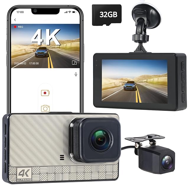 4K Front Dash Cam 2K Rear Full HD Dash Camera for Cars Included 32GB Card 170 Wide Angle