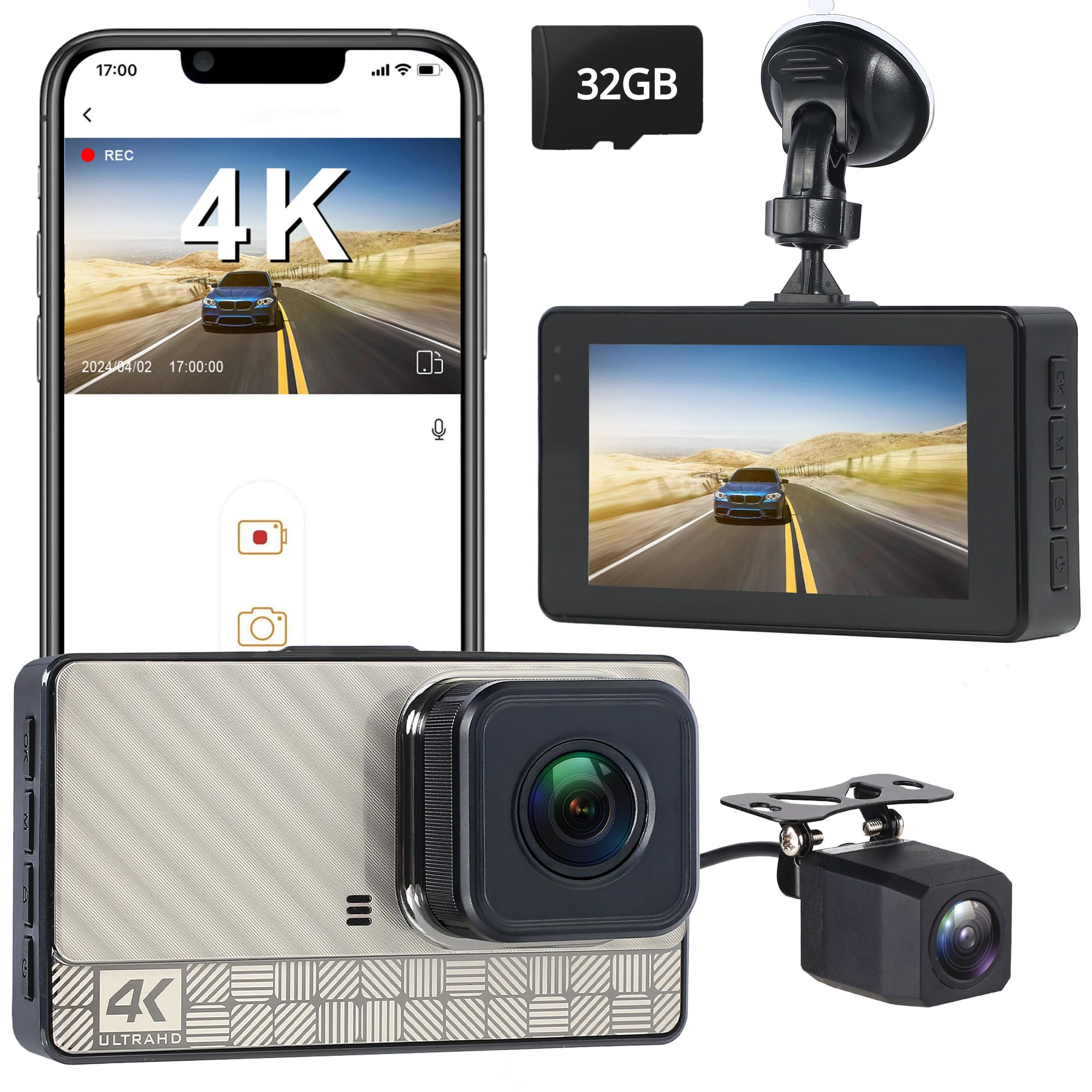 4K Front Dash Cam 2K Rear Full HD Dash Camera for Cars Included 32GB Card 170 Wide Angle