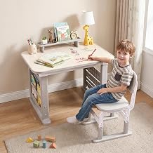 DOREROOM Kids Desk and Chair Set - Height Adjustable Children School Study Table with Bookshelf & Removable Storage for Ages 3-12, Kids Art Table with Washable Drawing Surface, Bedroom, Home, Grey