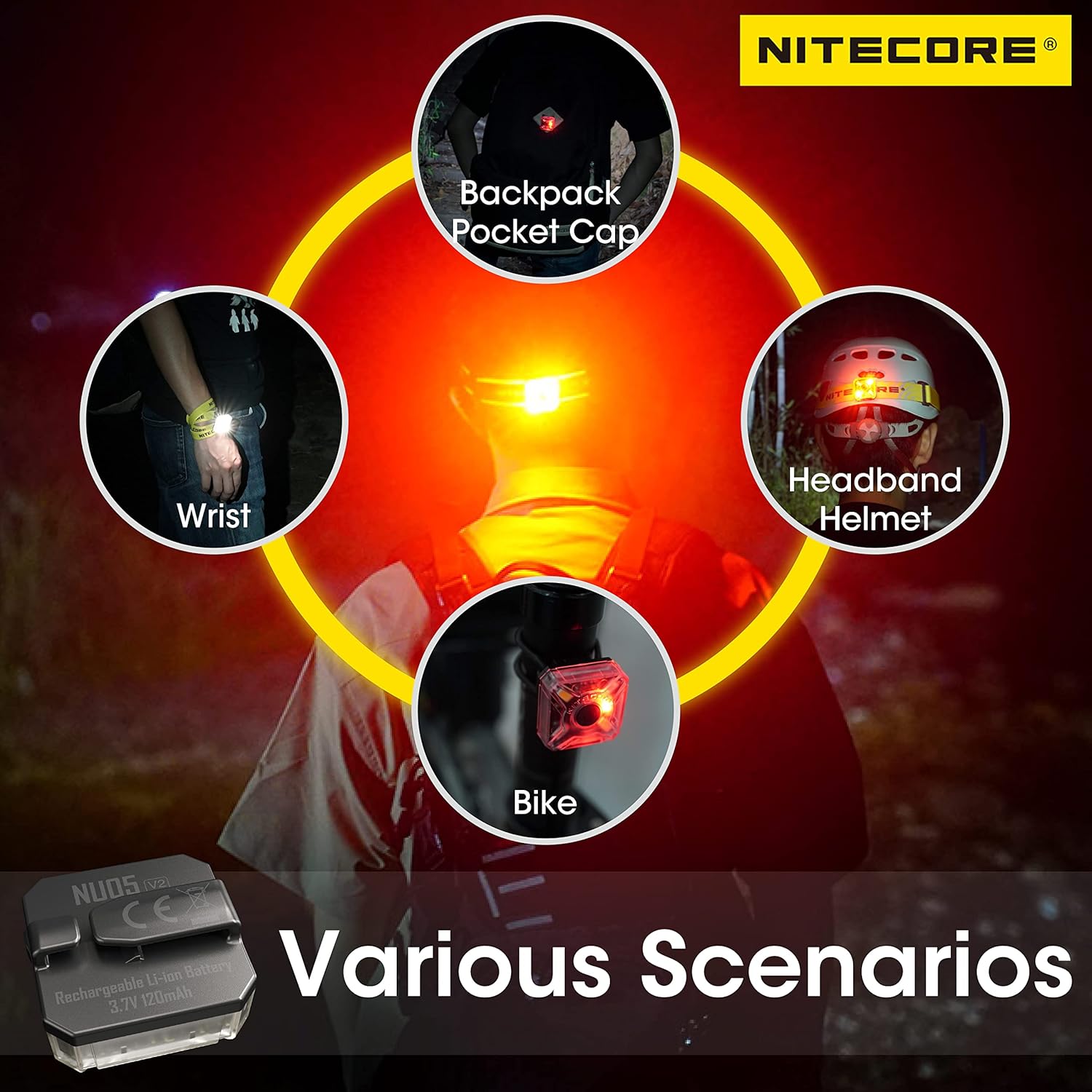 Nitecore NU05 V2 Kit Red White Output Identification Signal and Safety Light Indicator USB-C Rechargeable Headlamp for Running Cycling Emergencies with Headband/Charging Cable/Mount Tag