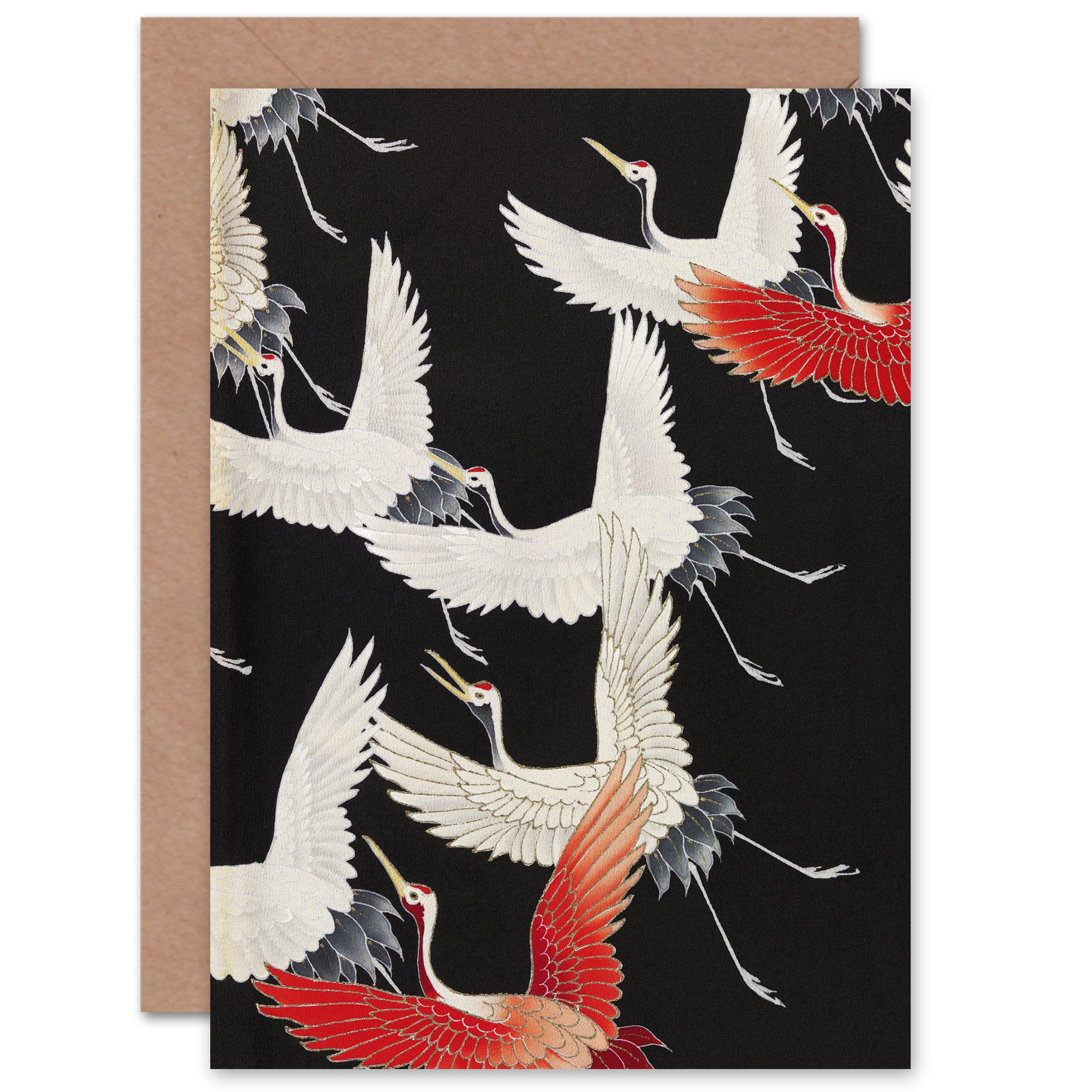 Artery8 Greeting Card - Japanese Crane Bird Pattern - Black