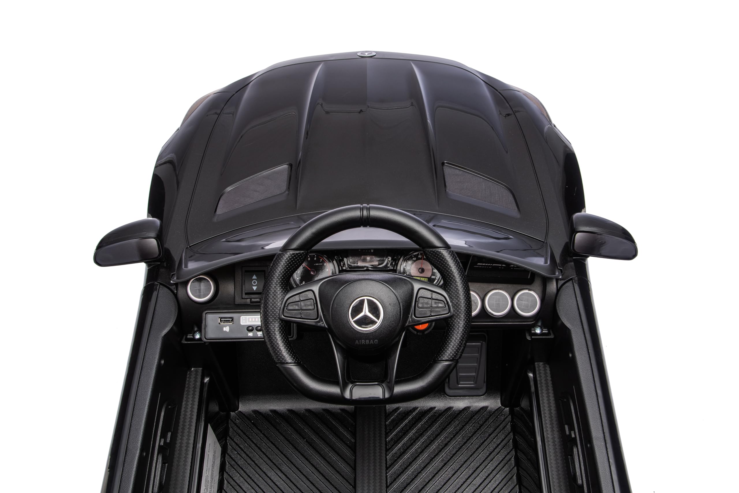 FINOOS Mercedes GTR AMG Elektroauto für Kinder, 12V, elektrische Kinder elektroauto mit Fernbedienung, 2 + 1 Geschwindigkeitsstufen, Hupe, LED, Musik, Bluetooth (Schwarz)