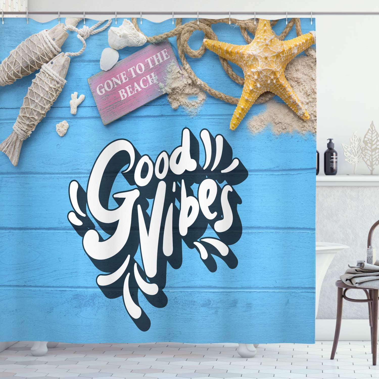 Ambesonne Chill Shower Curtain, Summer Vibes Gone to The Beach Holiday Theme with Nautical Elements, Cloth Fabric Bathroom Decor Set with Hooks, 69" W x 84" L, Blue Marigold Pink