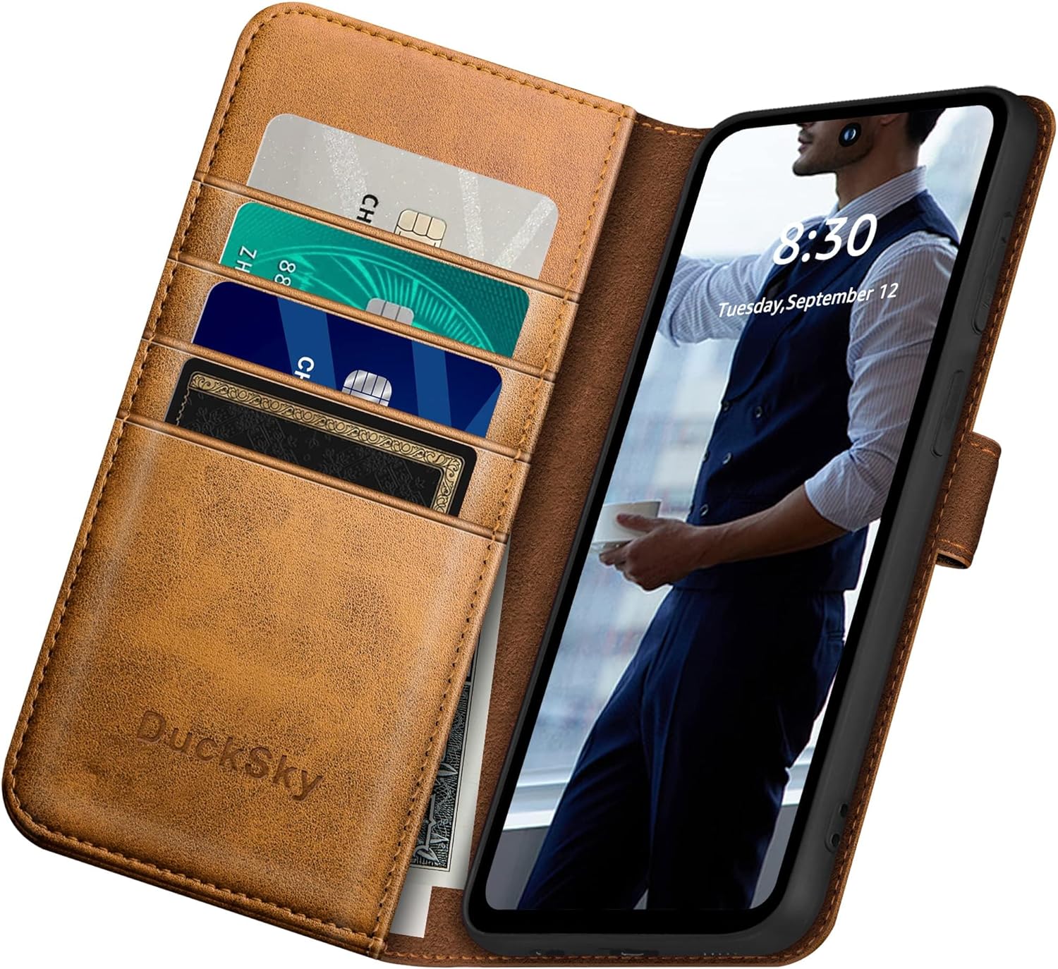DuckSky for Google Pixel 8A Genuine Leather Wallet case 【RFID Blocking】【4 Credit Card Holder】【Real Leather】 Flip Folio Book Phone case Protective Cover Women Men for Pixel 8A case Khaki