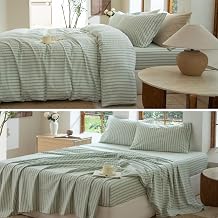 7 Pieces Bed Set,Striped Sage Green/White 3 Pieces Duvet Cover Set and 4 Pieces Striped Sage Green/White Sheet Set Queen Size