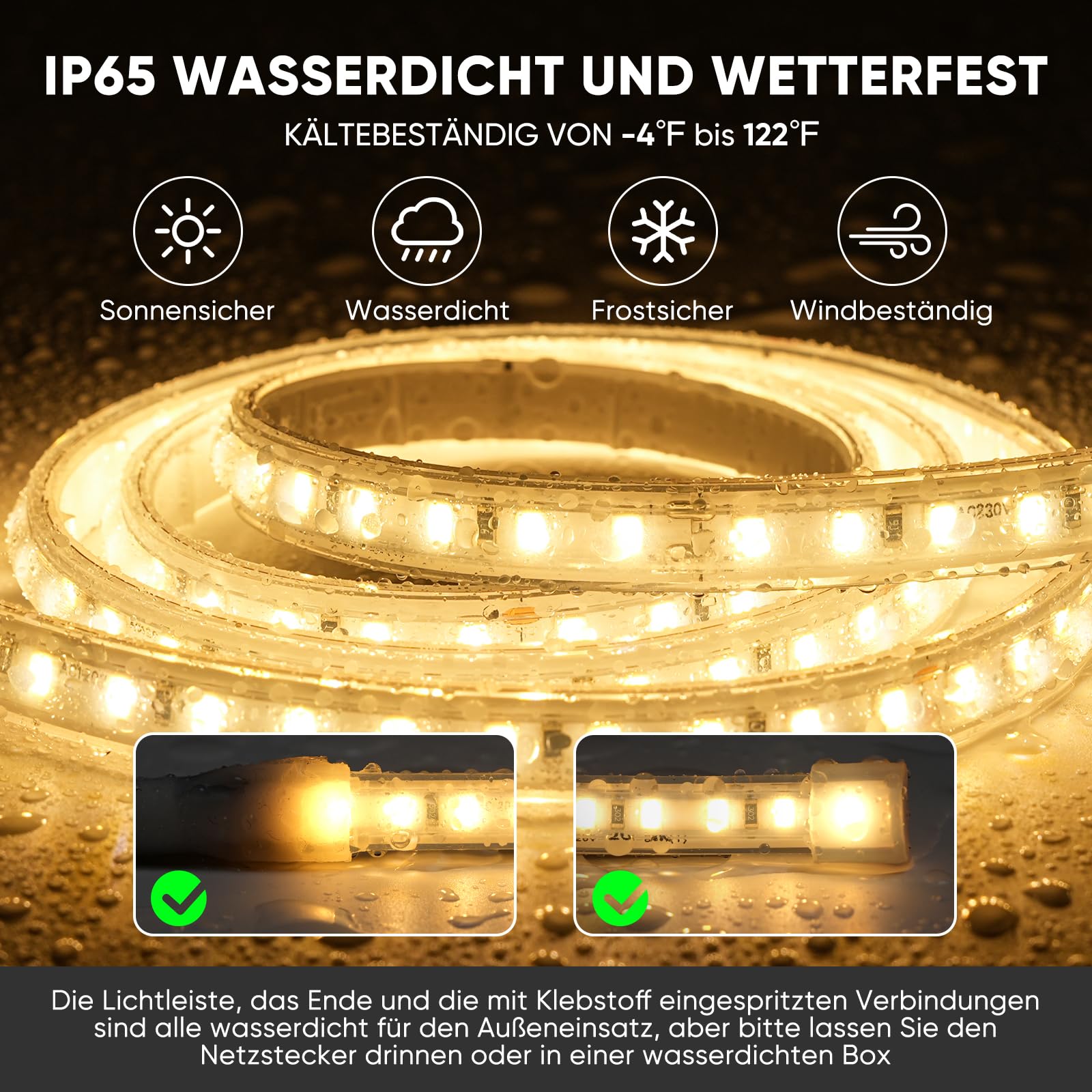 Shine Decor LED Streifen 30m, AC 220V 230V IP65 Wasserdicht LED Band, SMD 2835 120 leds/m Ultrahohe Helligkeit Lichtleiste für Küche Garten LED Beleuchtung (30M, Warmweiß, CE Zertifiziert)