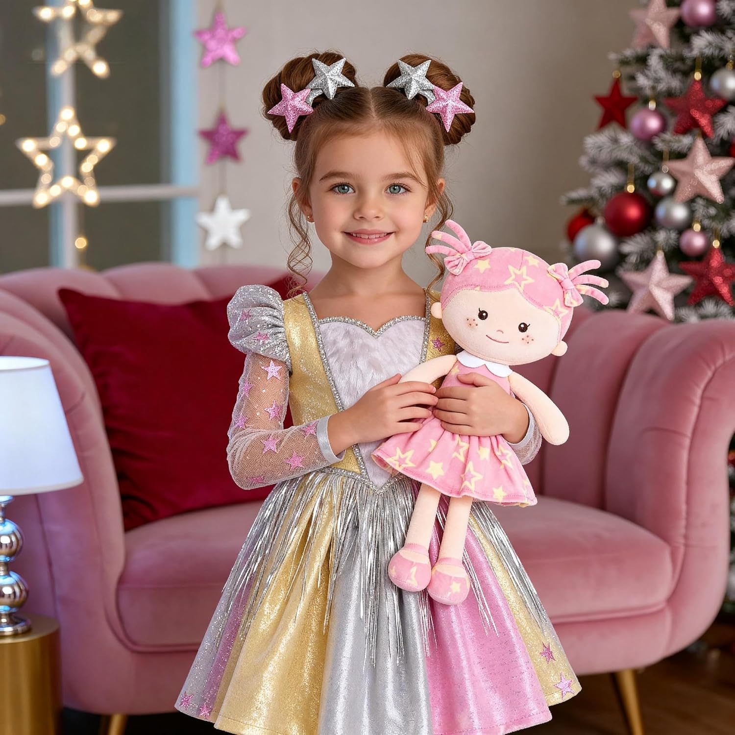 Onetoo First Baby Doll Plush Baby Girls Dolls Rag Doll Soft Baby Doll for Girls Sleeping Cuddle Buddy Doll Wear Star Pink Sleeveless Dress 14" - Image 3