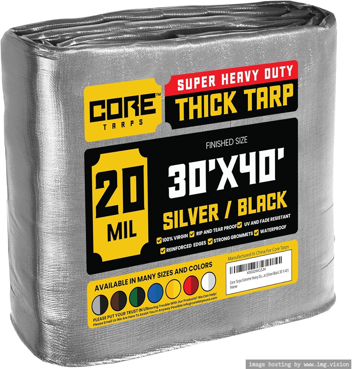 Core Tarps Extreme Heavy Duty 20 Mil Tarp Cover, Waterproof, UV Resistant, Rip and Tear Proof, Poly Tarpaulin with Reinforced Edges for Roof, Camping, Patio, Pool, Boat (Silver/Black 30 X 40)