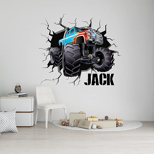 Calcomanía personalizada para camión monstruo con agujero en la pared calcomanía de pared con nombre personalizado para la habitación del niño Cool
