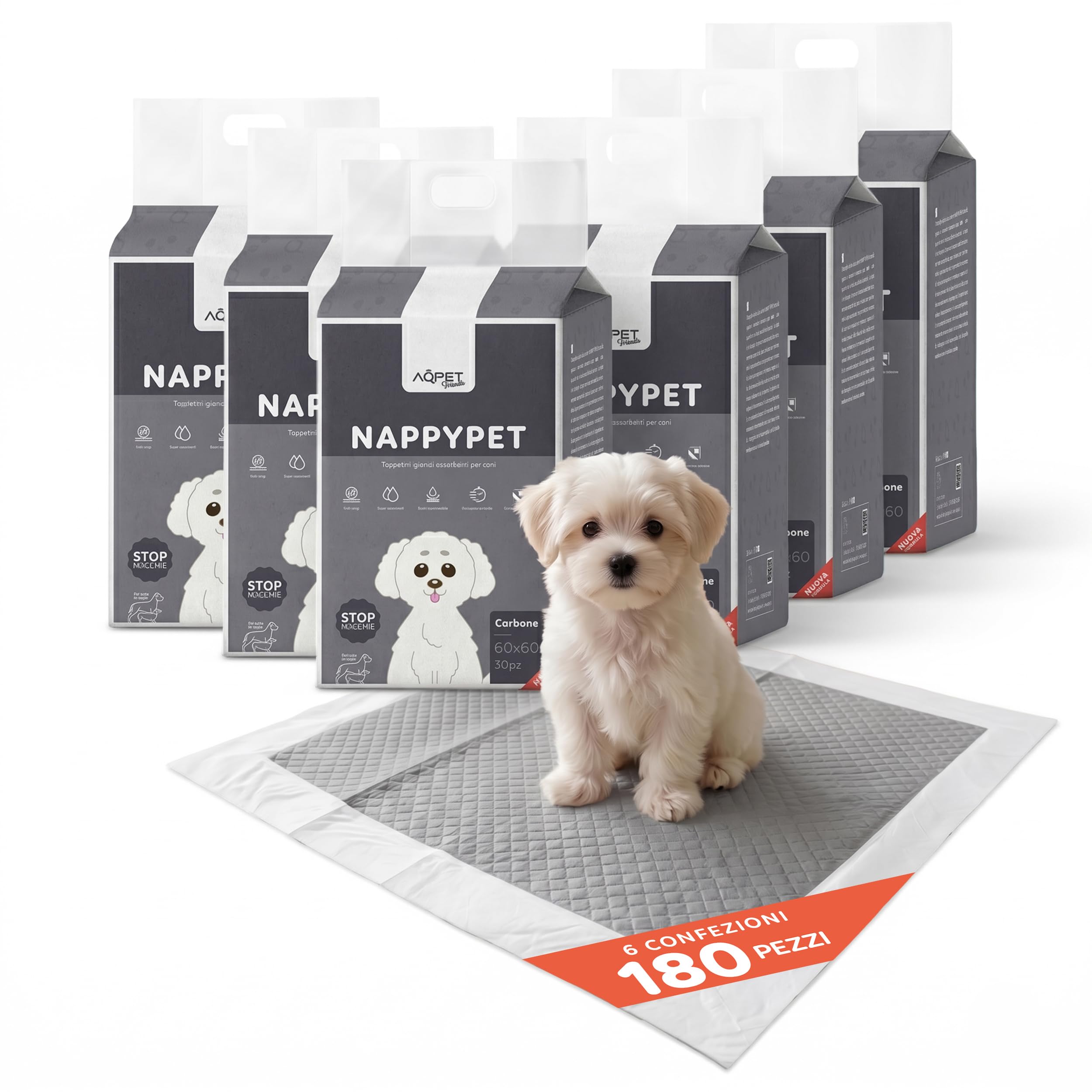 Tappetini Igienici Cane 60x60 cm ai Carboni Attivi Anti-Odore, Ultra Assorbenti e Impermeabili con 5 Strati e Asciugatura Rapida, Con Adesivi, Training Pads per Cuccioli Confezione da 180 Pezzi
