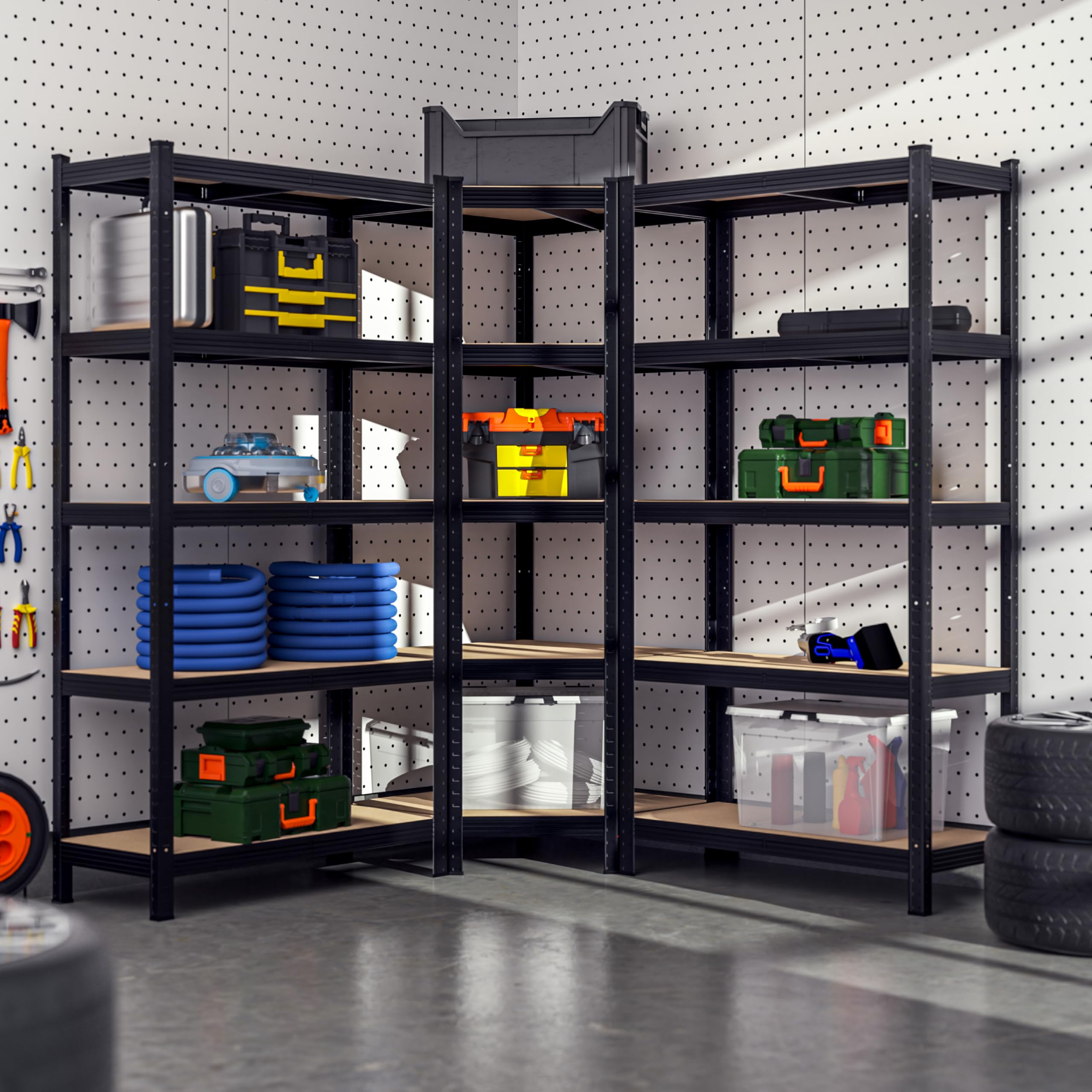 Monzana® 3er Set Schwerlastregal Eckregal 2625 kg 15 MDF-Platten Regal Lagerregal Kellerregal Steckregal Werkstattregal Regalsystem Schwarz
