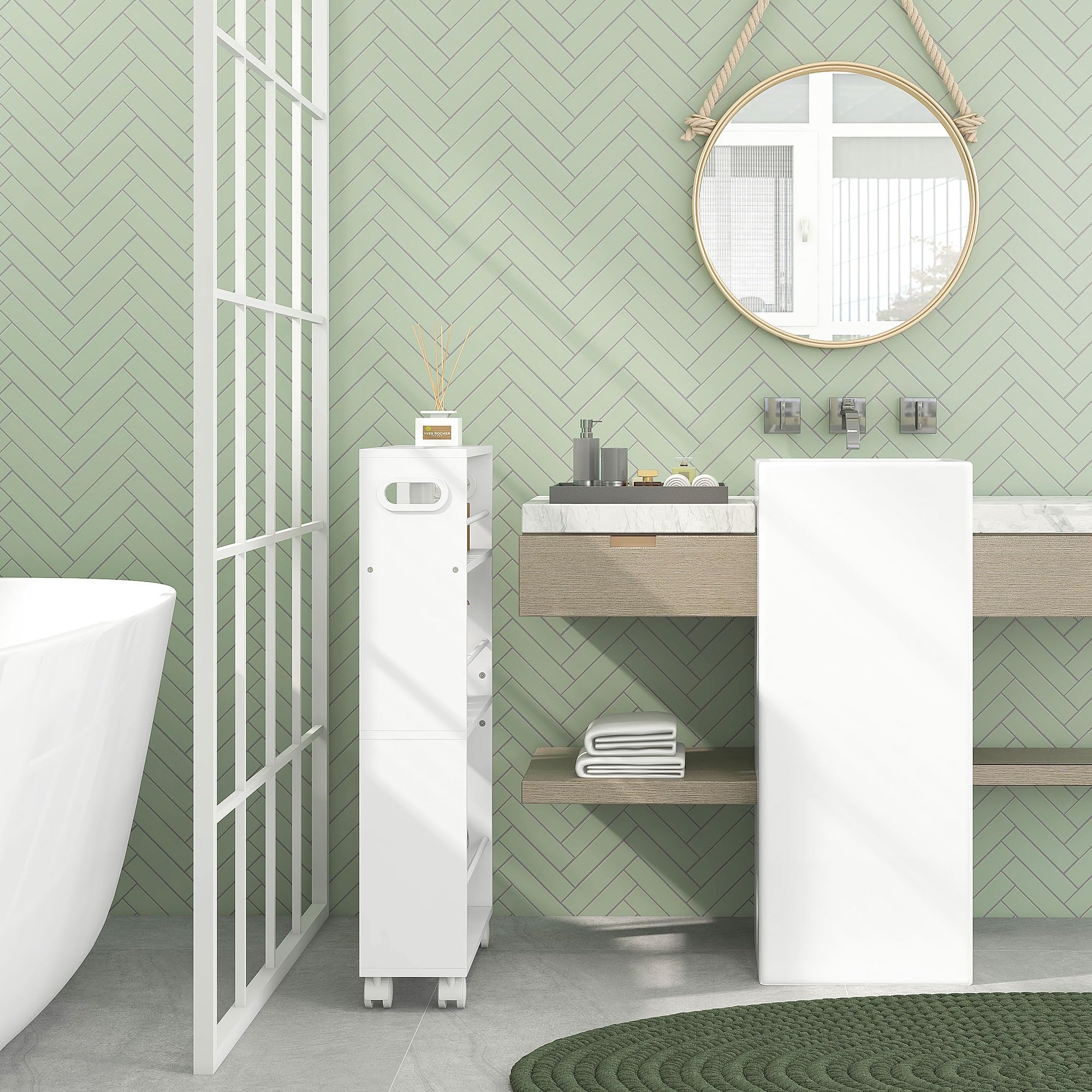 HOMCOM Carrito Auxiliar con Ruedas Carrito de Cocina 45x15x80 cm Blanco | Delgado de 3 Niveles, con Barandillas Laterales y Asas, para Comedor Sala Baño