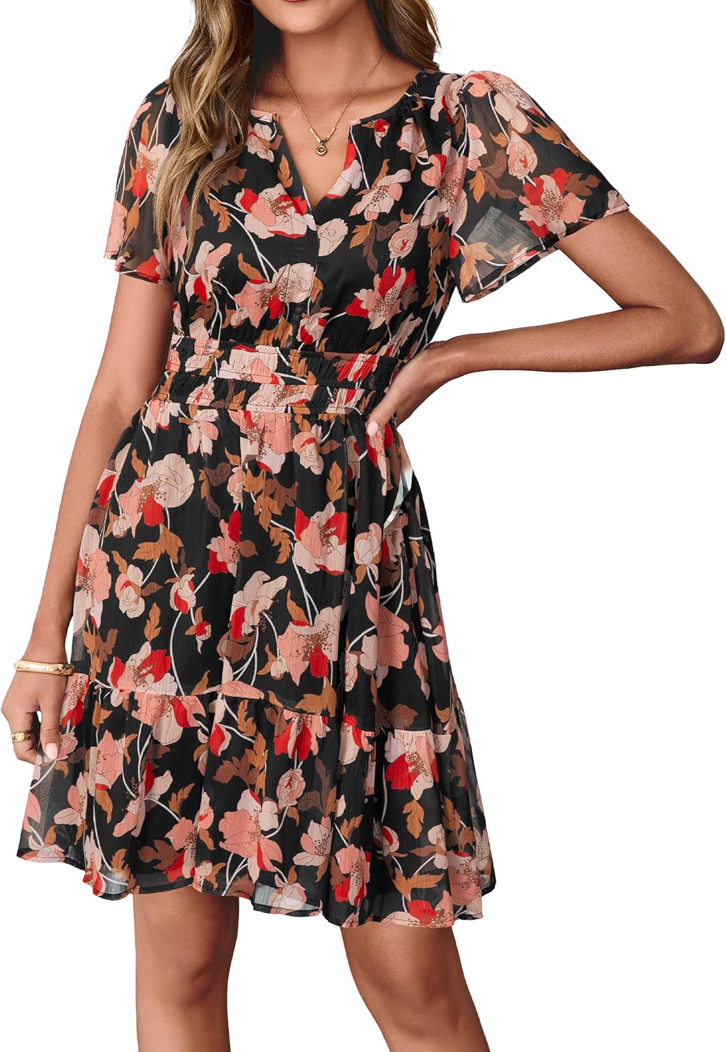 Simplee Women 2026 Floral Summer Short Dress Short Sleeves V Neck Chiffon A-Line Casual Flowy Boho Mini Dresses