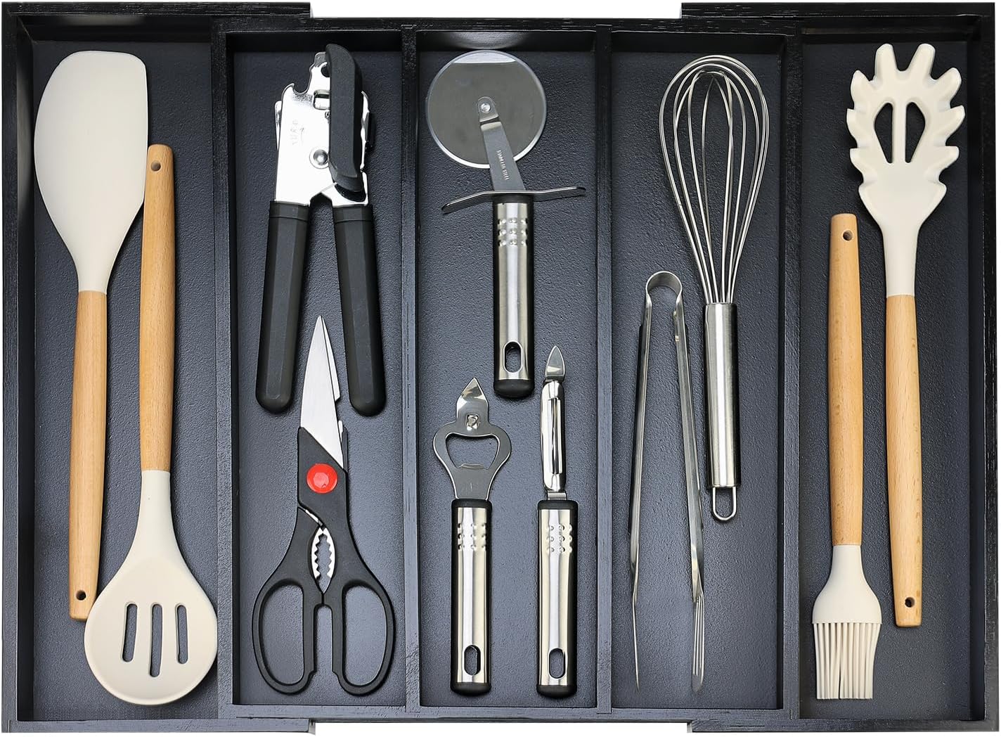 expandable large kitchen utensil drawer organizer storage black bamboo silverware organizers tray divider adjustable spoon flatware organizer wood cutlery tray cooking utensils tool holder drawer (13"-21")x 15.7" black