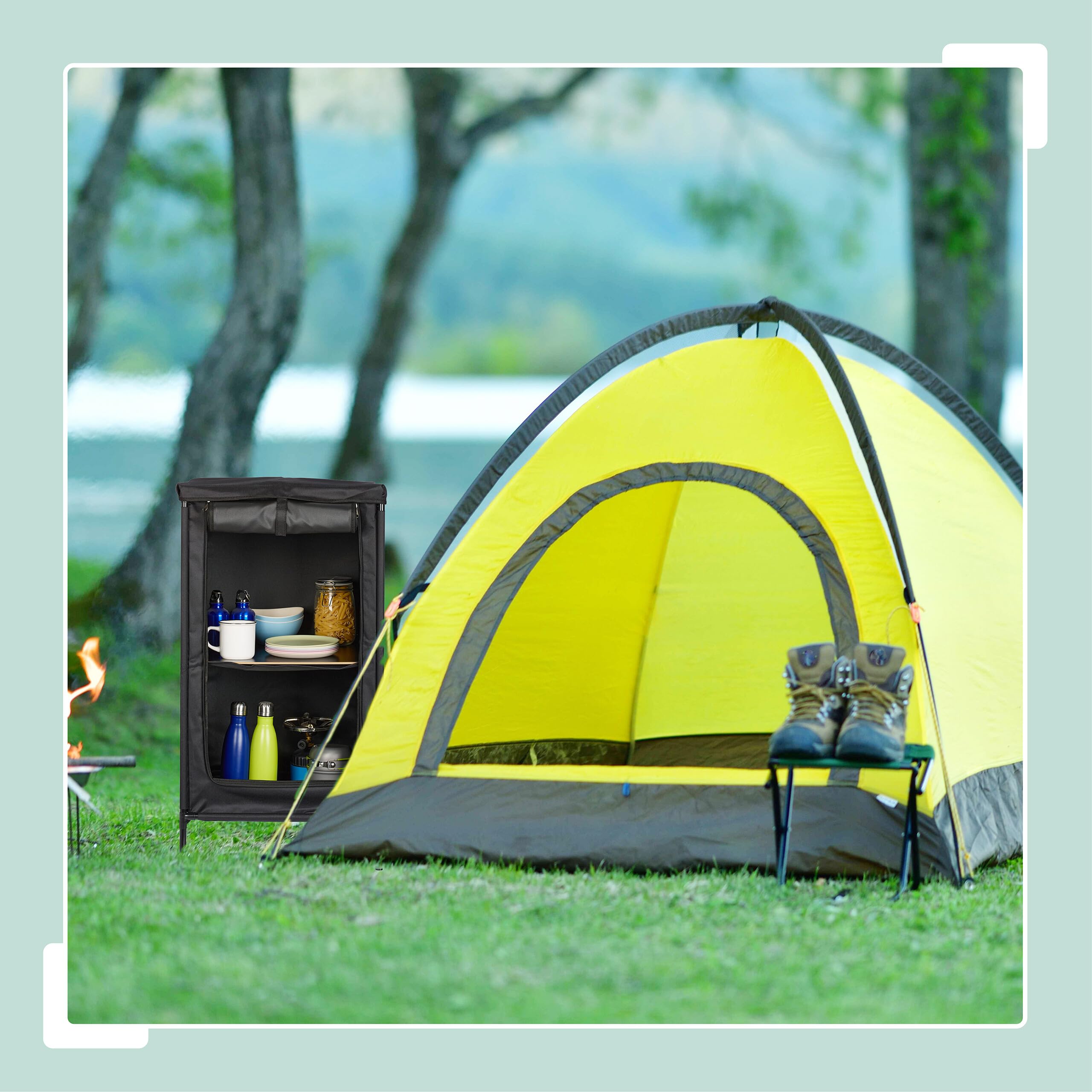 Relaxdays Mobiletto da Campeggio con 2 Ripiani, HLP 87x47,5x47,5 cm, Armadietto da Camping con Supporto Rialzato, Grigio