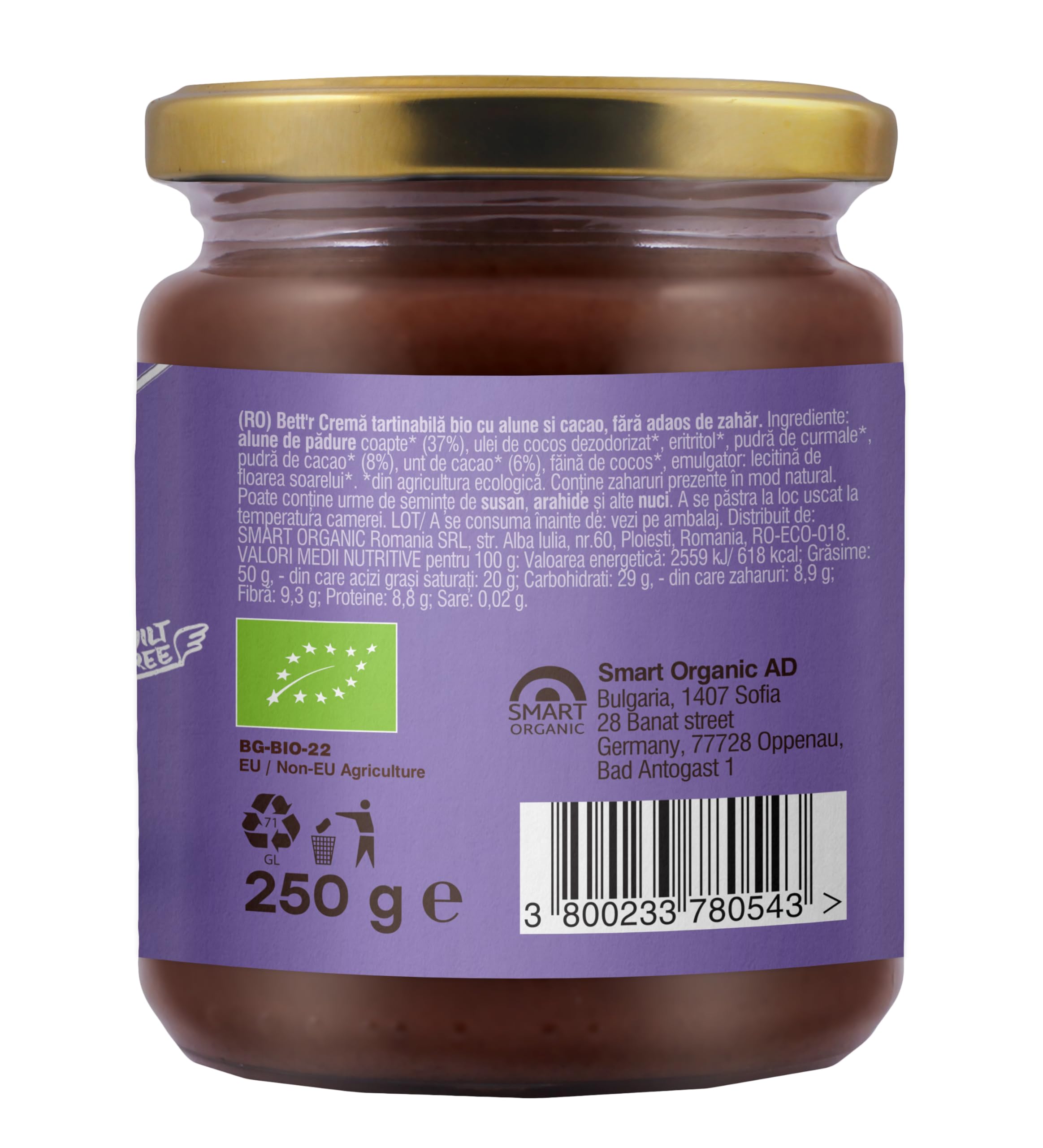 Bett’r Crema Di Cacao E Nocciole Senza Zuccheri Aggiunti - 100% Bio, Vegana e Senza Olio di Palma - 250g - 2