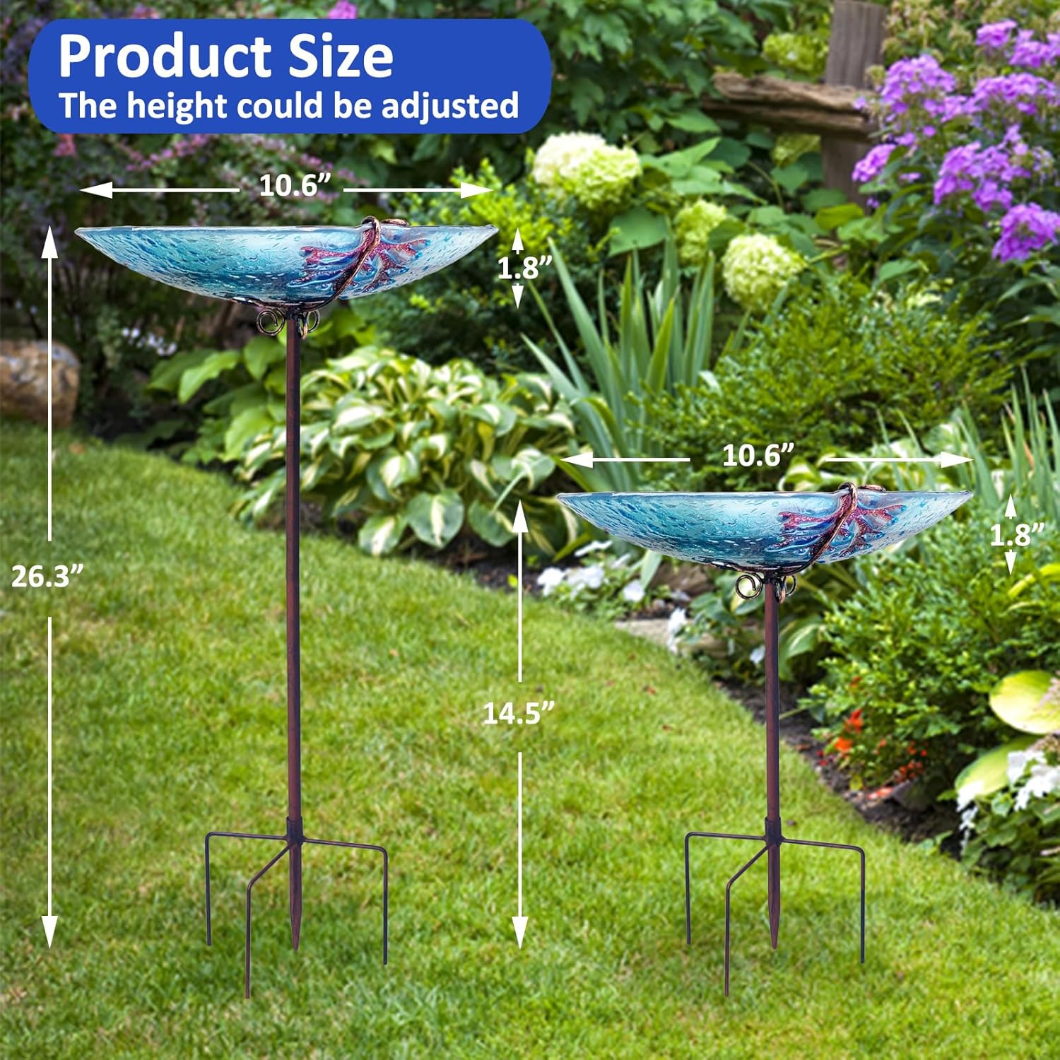 Bird Bath, Sea Turtle Glass Bird Bath for Outside, Birdbaths for Outdoors Bird Feeders with Metal Stake, Turtle Bird Bath Outdoor Décorations, Standing Small Birdbath Bowl for Outside-Sea Turtle Blue