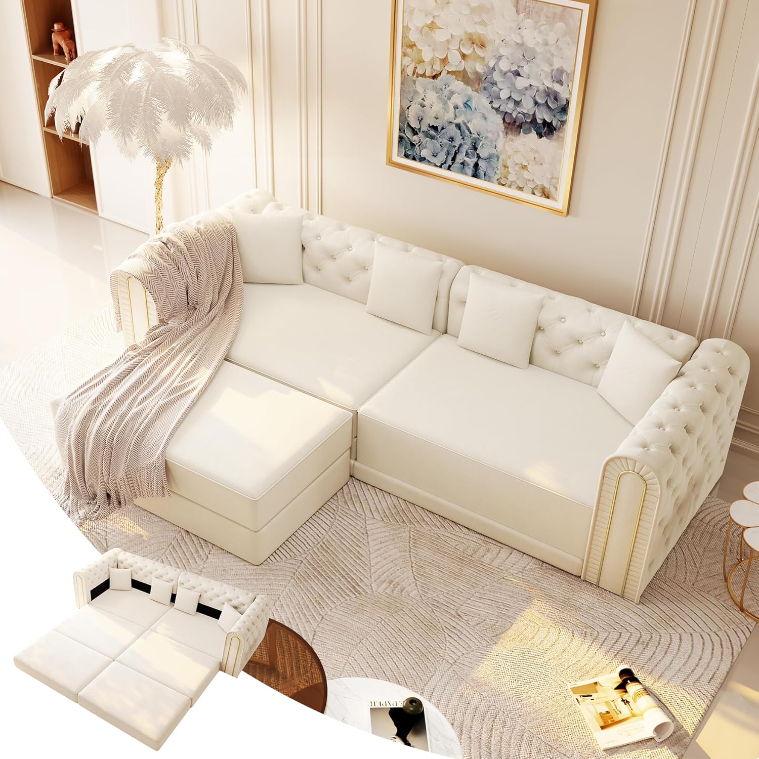 90.6” Futon Sofa Bed, Chesterfield Velvet Sleeper Sofa,