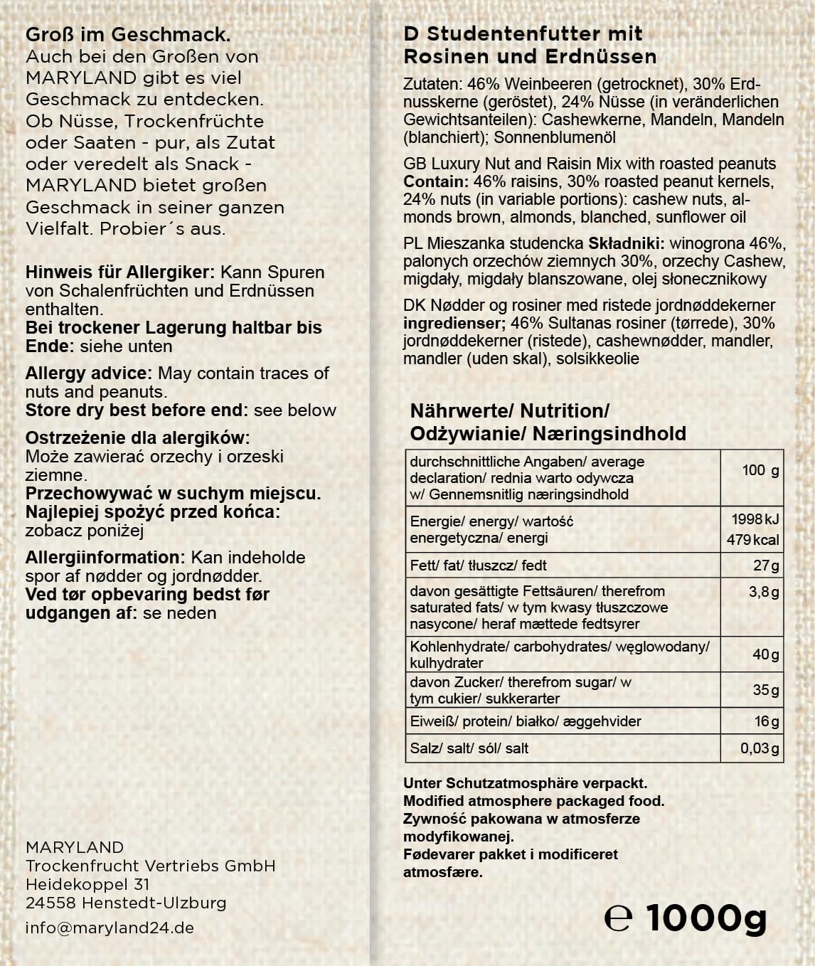 Maryland Studentenfutter Klassik 4 x1kg Vorratspackung – Rosinen, Erdnusskerne, Cashewkerne und Mandeln in Nuss Frucht Mischung – 100% vegan – Im Großbeutel (4 x 1kg)