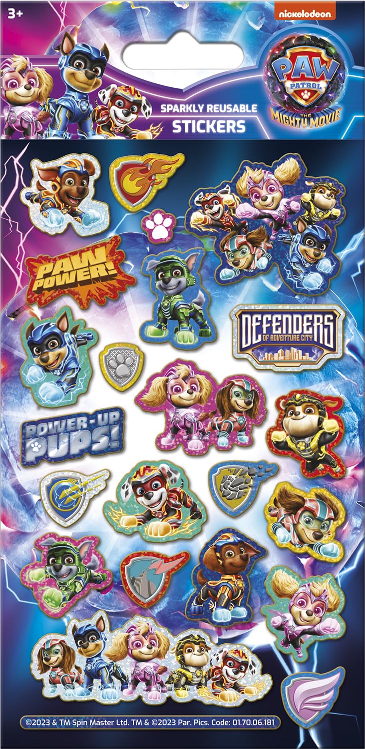 Paper Projects 01.70.06.181 Paw patrol the mighty movie Sparkly Stickers | Official Licensed Product | Reusable on Non-Porous Surfaces, Multi, 19.5cm x 9.5cm