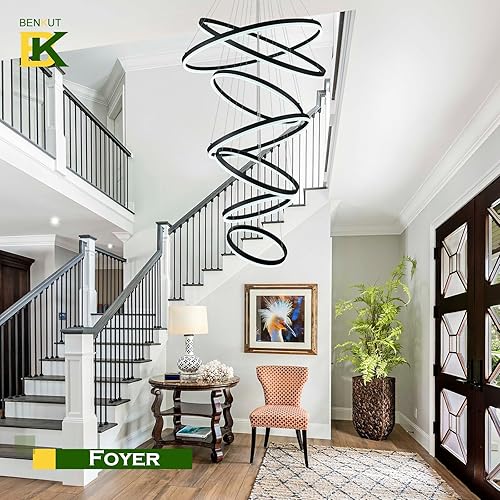 Miniatura 9 de Candelabros grandes para techos altos, lámparas de vestíbulo de 31.5 pulgadas, lámpara de techo alto, moderna lámpara de 7 anillos LED negro para