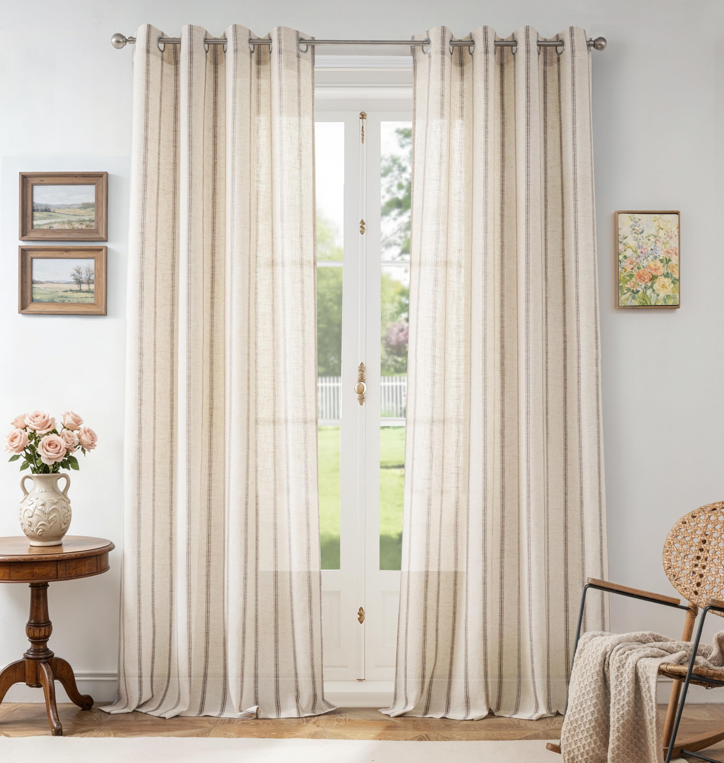 DriftAway Farmhouse Curtains for Living Room Vertical Striped Linen Curtains Semi Sheer Light Filtering Grommet Window Treatments, 108 Inches Long, 2 Panels, Pinstripe Grey on Beige