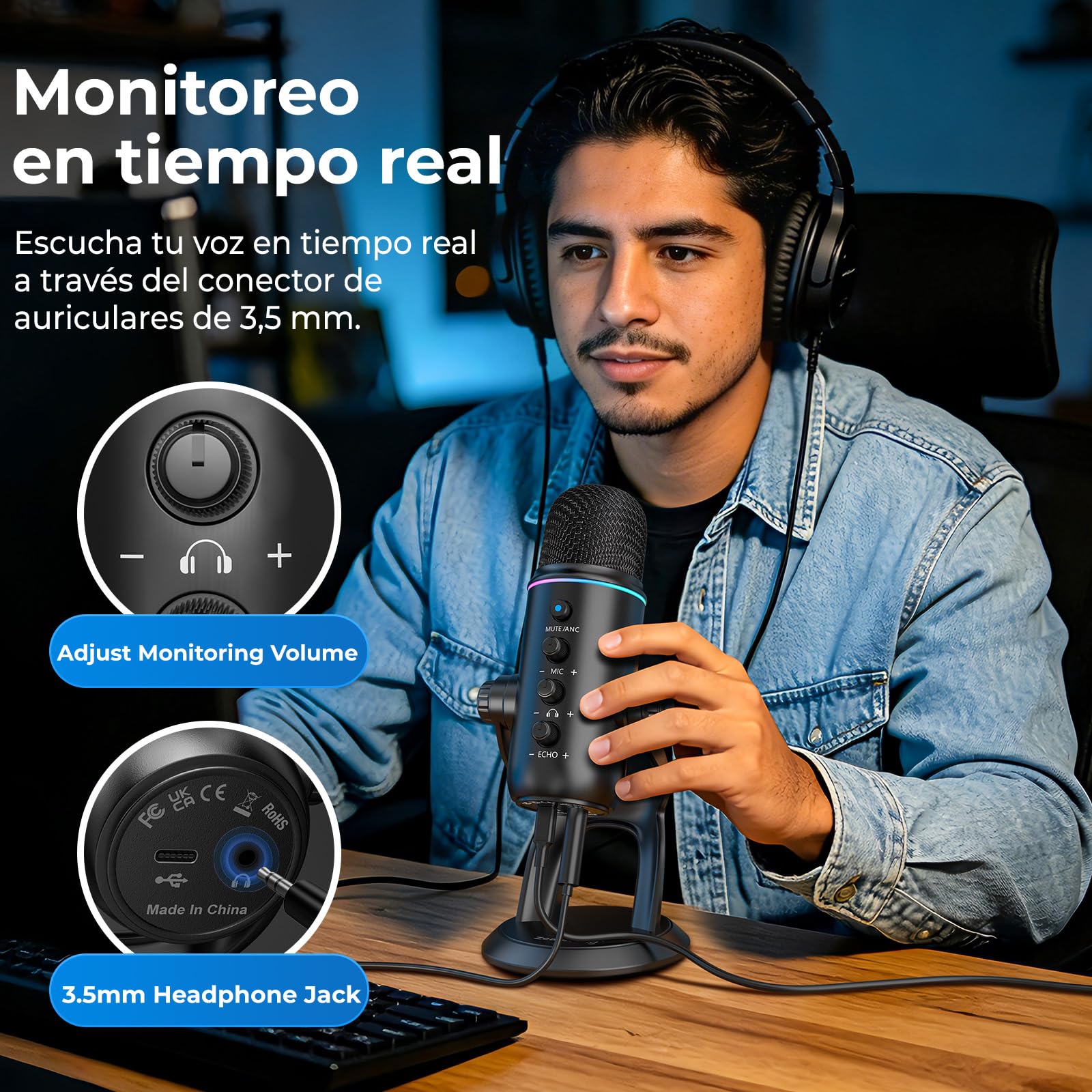 zealsound Micrófono USB, Plug & Play, para podcasts, PC y teléfono, Z5 | con cancelación de Ruido, Silencio de Ganancia, Condensador de Escritorio para grabación, Streaming, Juegos, ASMR, Creadores