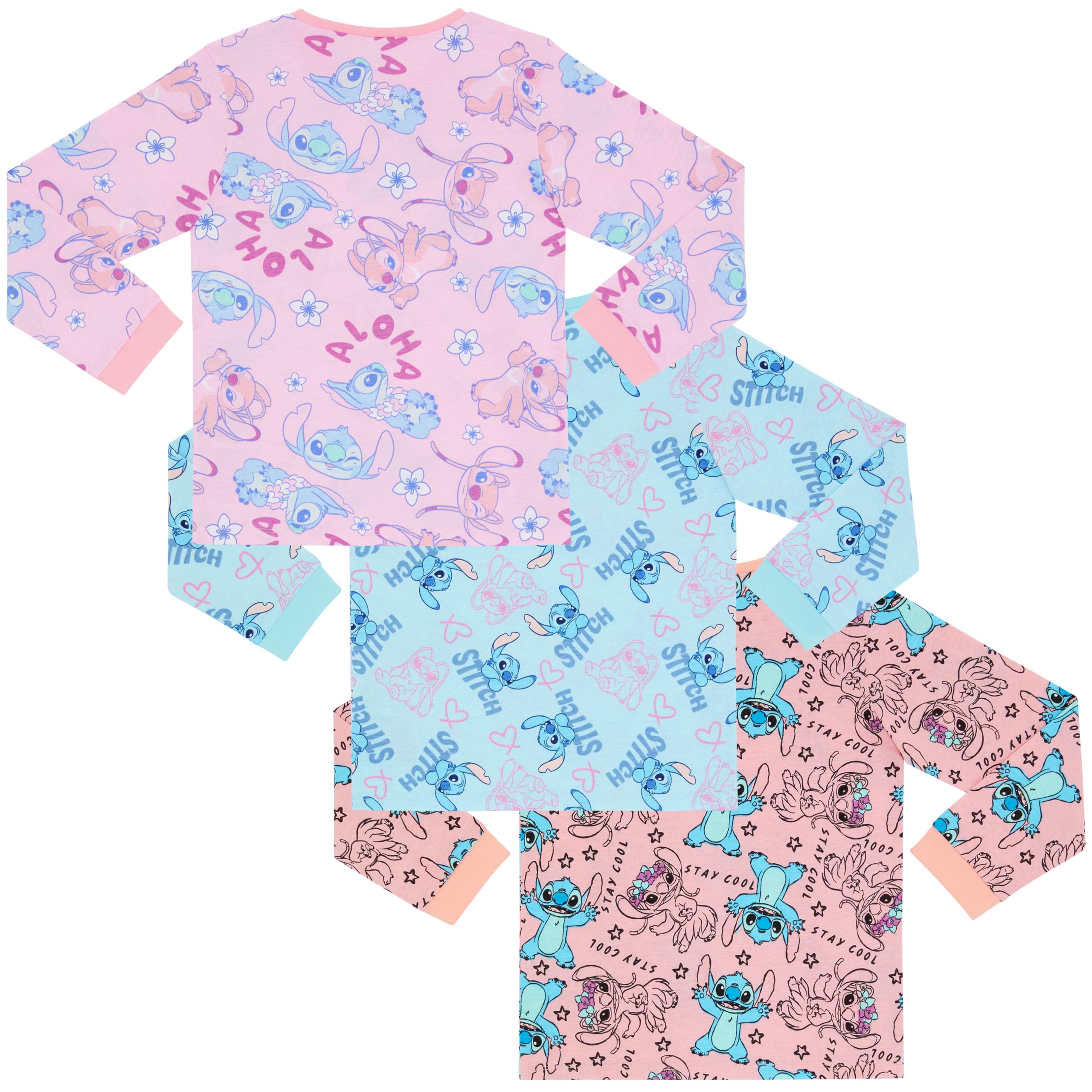 Disney Lilo & Stitch, Angel - Paquete de Tres Camisetas de Manga Larga 100% Algodón Peinado