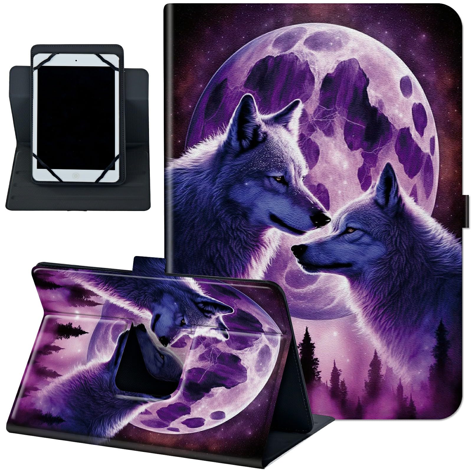 Universal 10.0 Tablet Case, Universal Case for 9.6-10.5 Inch Android Tablet, Slim PU Leather Stand Folio Shell Cover with 360 Degree Rotatable Kickstand Multiple Viewing,Moon and Wolf Wolves