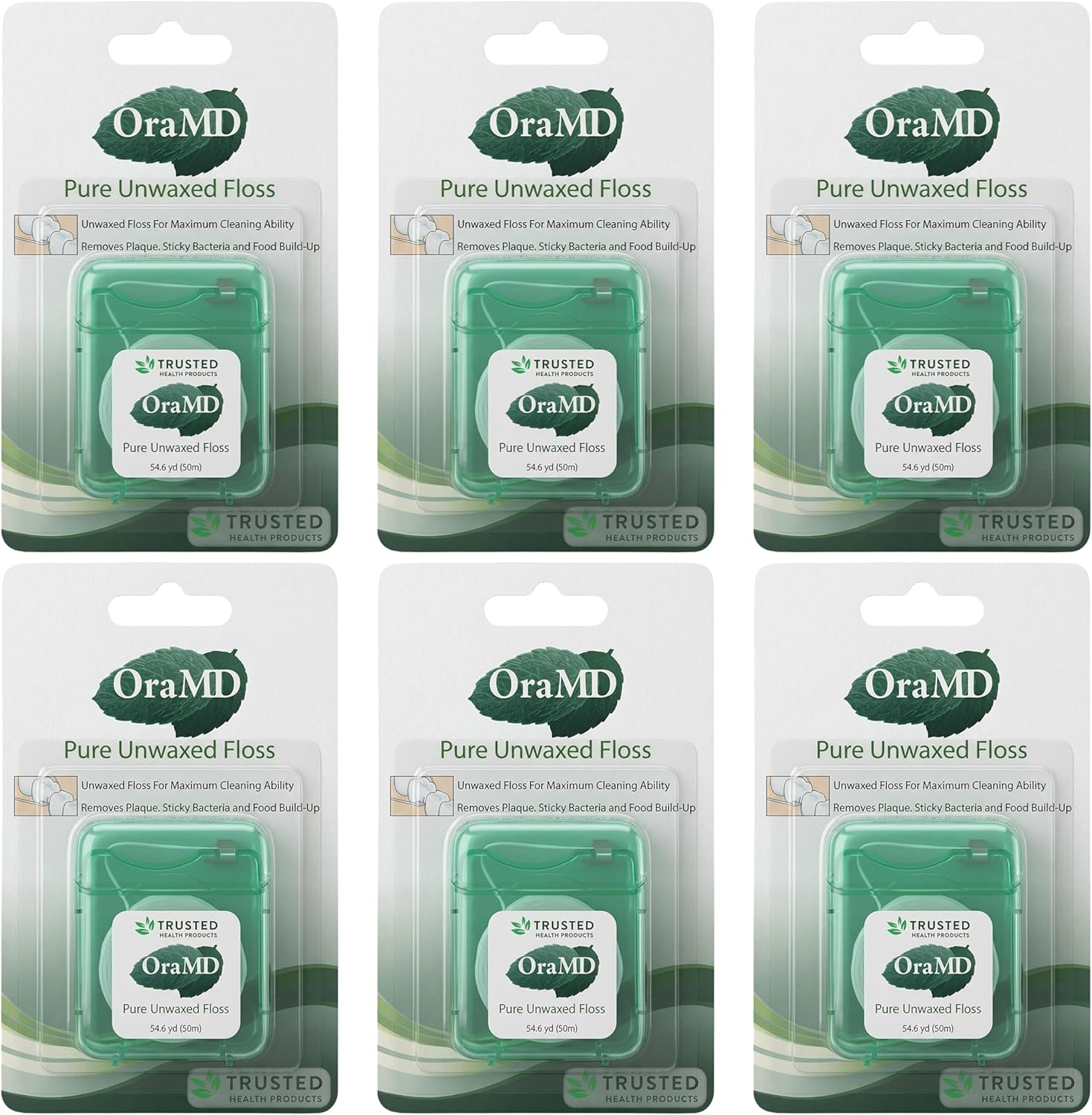 OraMD Oral Care Pure Unwaxed Dental Floss 54.6 Yards - PFAS-Free, Chemical Free, Shred Resistant - Unscented and Ultraclean Plaque Removal - Teeth and Gum Protection for Adults - Pack of 6