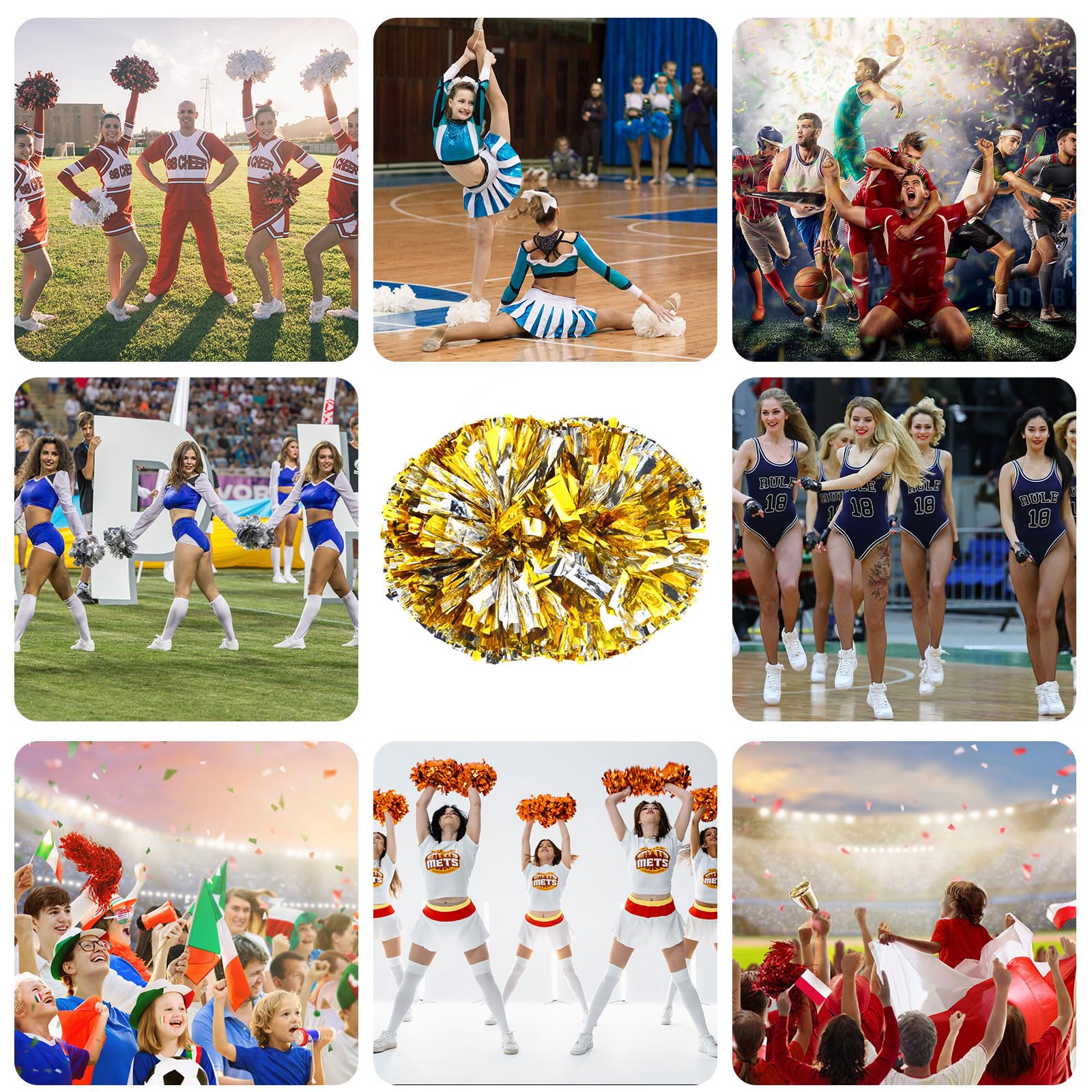 Pompony Cheer z uchwytem, ręczne pompony drużynowe cheerleaderek do drużyny sportowej, gier duchowych, na imprezę taneczną, dla dorosłych, złote i srebrne, 16 szt