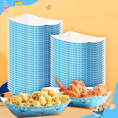 Miniatura 6 de Gejoy Juego de 100 piezas de suministros de fiesta de tiburón, papel desechable, aperitivos, decoraciones de cumpleaños, bandejas para servir comida