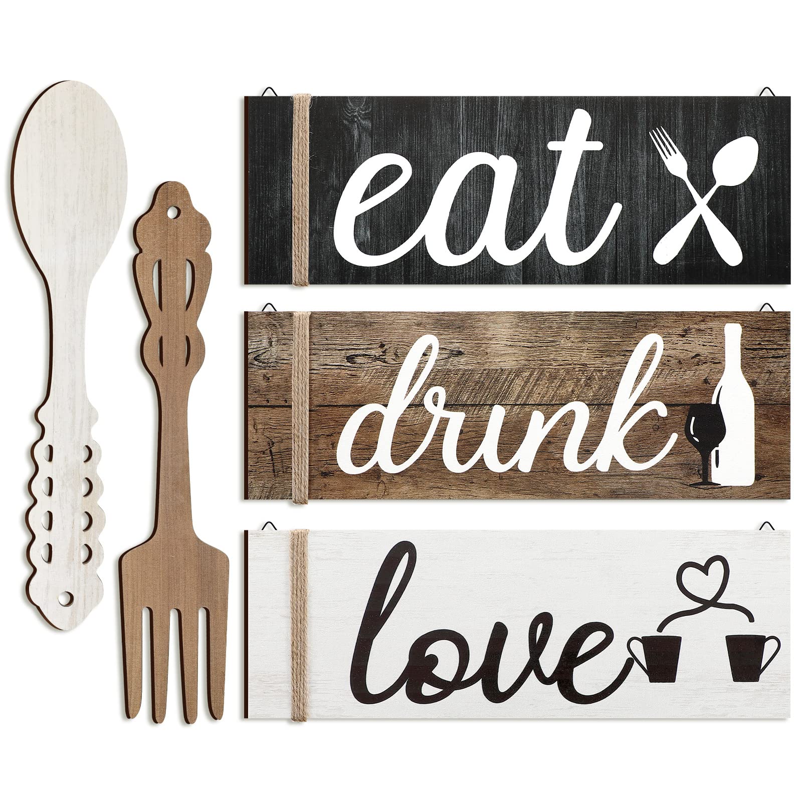 Qunclay3 Pieces Eat Love Kitchen Wall Decor Eat Sign Rustic Wooden Kitchen Sign 2 Pcs Fork and Spoon Wall Decor Spoon Shaped Fork Shaped Hanging Wood Art for Home Dining Room