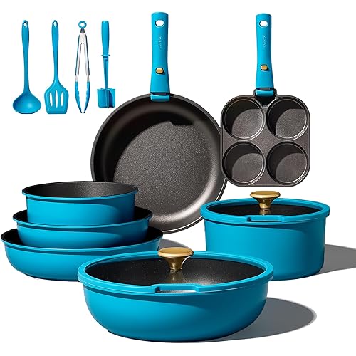 CAROTE 21pcs Pots and Pans Set, Nonstick Cookware Set Detachable Handle, Induction Kitchen Cookware Sets Non Stick with Removable Handle, RV Cookware Set, Peacock Blue