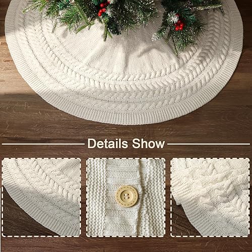 Miniatura 2 de Falda de árbol de Navidad de 48 pulgadas anillos anuales de punto trenzado grueso, falda de árbol blanco crema, decoraciones rústicas gruesas para