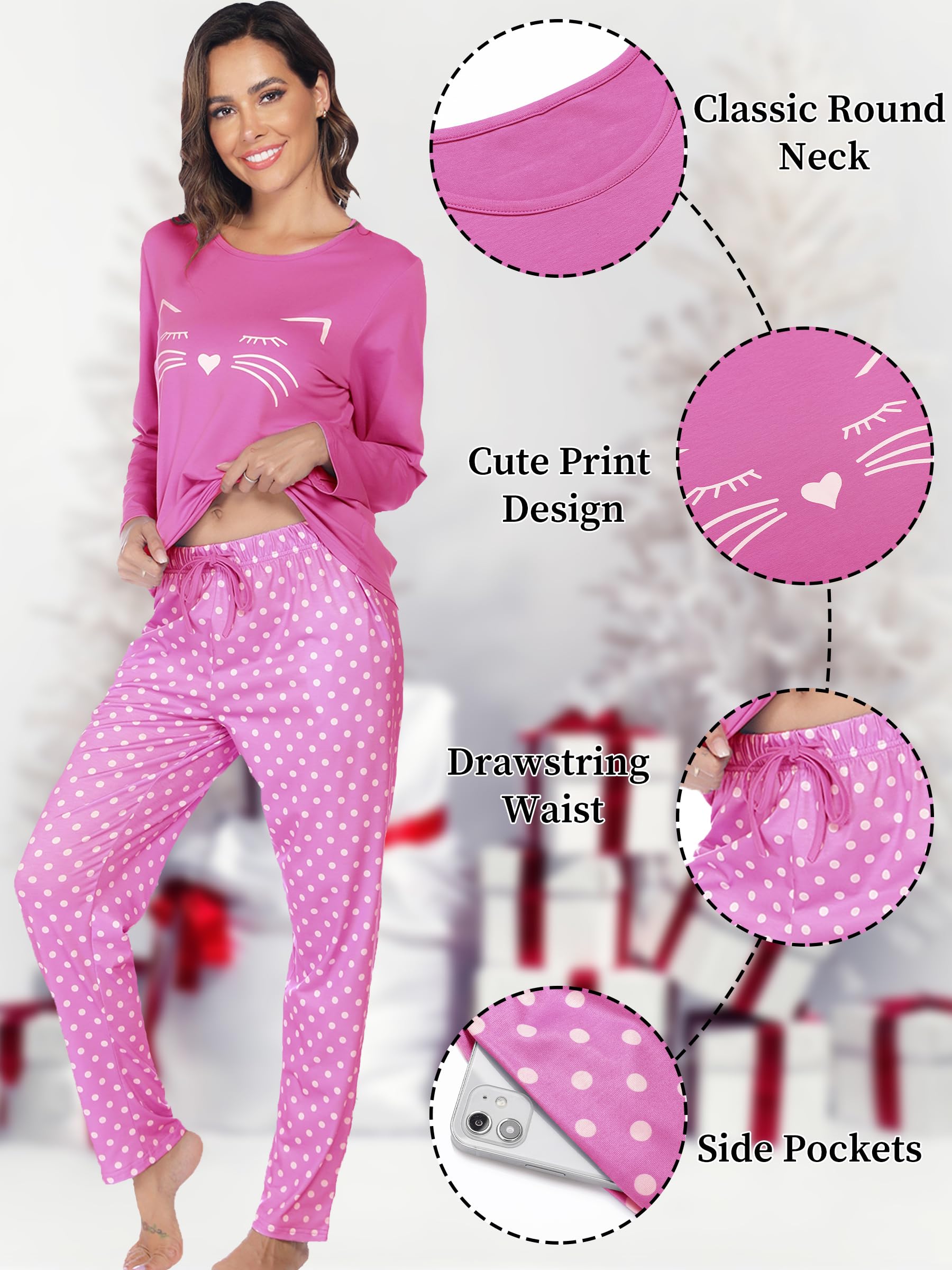 Pyjama Femme Coton Ensembles de Pyjama Femme Hiver Chaud Haut Col Rond Manches Longues et Bas de Pyjama à Carreaux Vêtements de Nuit 2 Pièces Confortable Détente