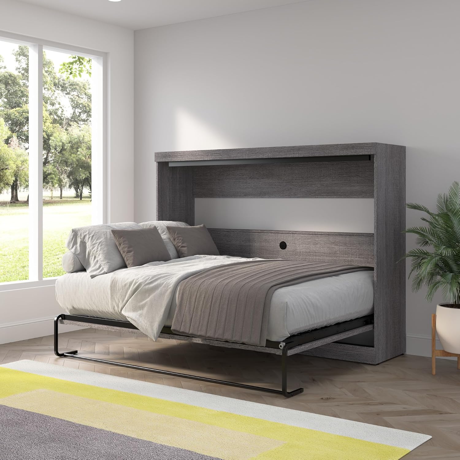 Bestar Full Size Horizontal Murphy Bed with Charging Station, 80-inch, for Bedroom or Guestroom, Pur Collection, Modern, Gray