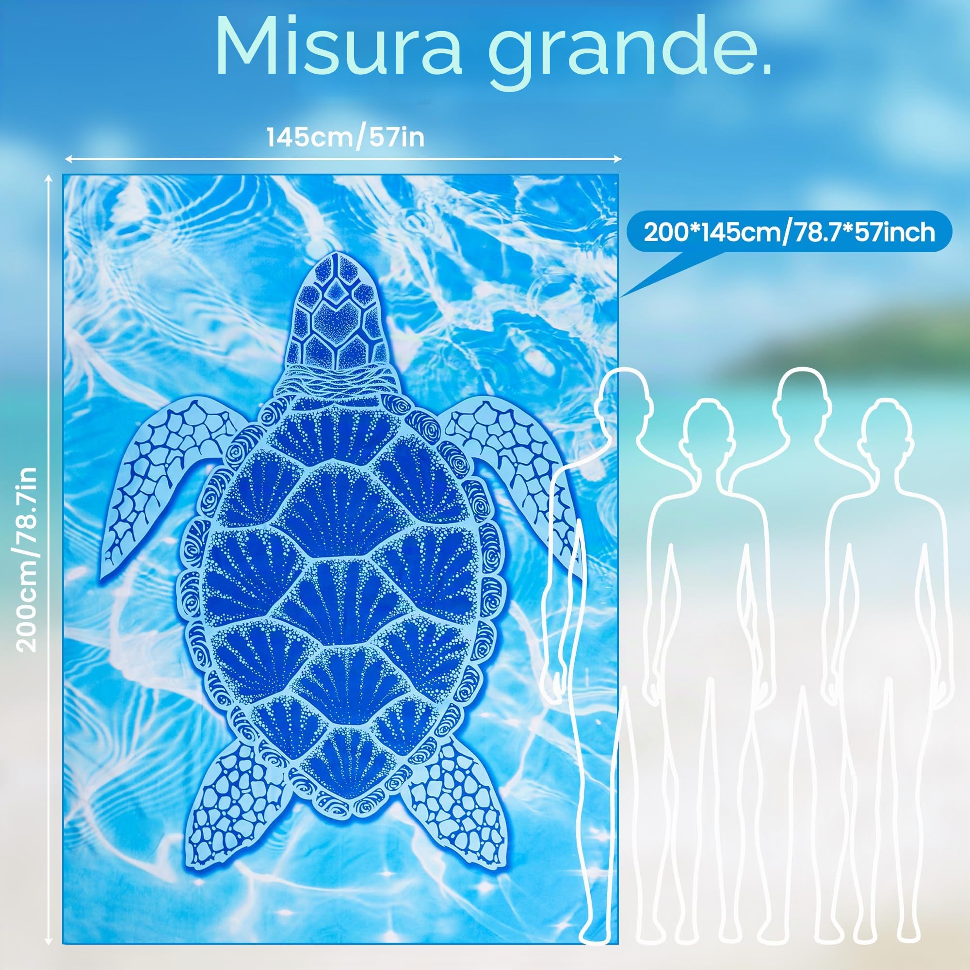 KUOGAS Telo Mare xxl 200x145 cm, Asciugamano Grande In Microfibra Ad Asciugatura Rapida, Telo Bagno Senza Sabbia, Coperta Da Spiaggia Donna (Tartaruga blu)