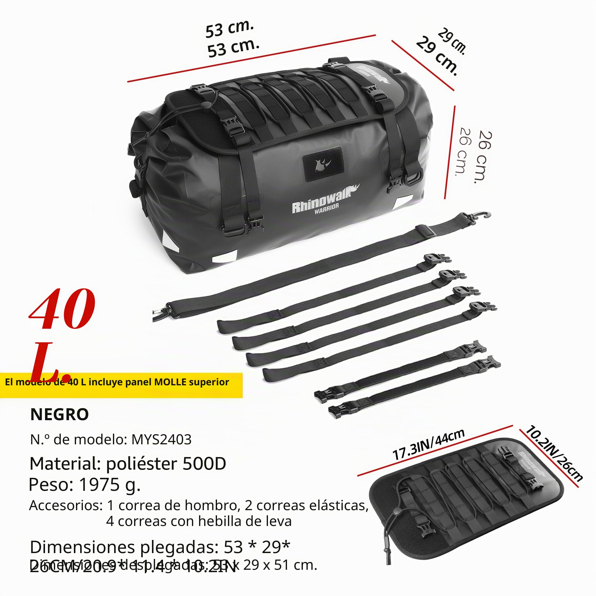 Bolsa trasera para moto Rhinowalk, equipaje de viaje impermeable para motocicleta con gran capacidad de almacenamiento para camping, navegación en bote, ciclismo, 40L - Negro