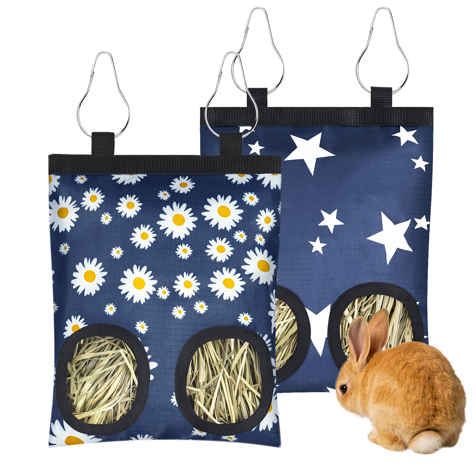 2 Pack Rabbits Hay Feeder Bag, 2 Holes Hanging Bunny Hay Feeder Guinea Pig Feeding Bag Storage Dispenser for Bunny Rabbits Chinchillas Hamsters Small Pets and Animals