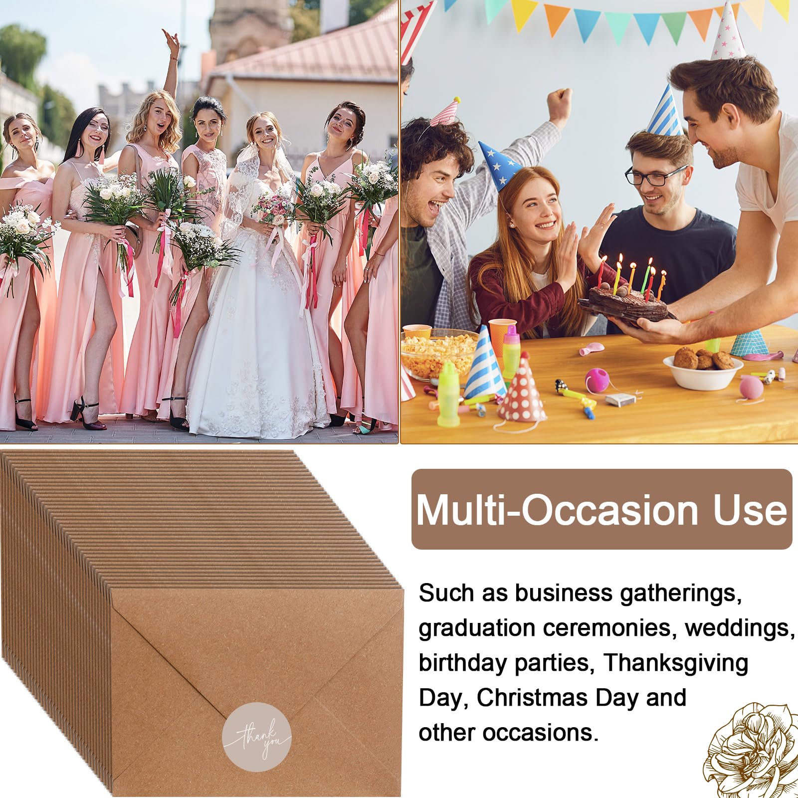 Gueevin Lot de 200 cartes de remerciement avec enveloppes en kraft et autocollants, 8,9 x 12,7 cm, notes de remerciement vierges élégantes pour mariage, affaires, remise de diplôme, fête prénatale