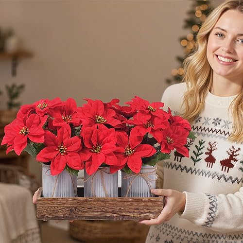 Miniatura 3 de Flores de Pascua artificiales para decoración navideña, paquete de 3 flores de Pascua rojas en macetas de metal galvanizado con caja de madera,