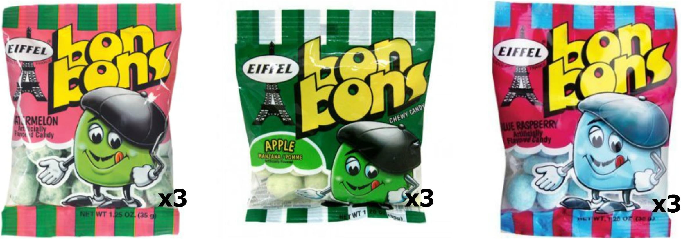 Eiffel Bon Bons 1.25oz 9 Bag Variety Pack - Watermelon, Blue Raspberry, & Apple