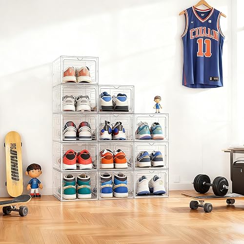 Miniatura 7 de Pinkpum Caja de almacenamiento de zapatos duros mejorada, paquete de 12 unidades, tamaño XL, tamaño 12, grueso y resistente, de plástico