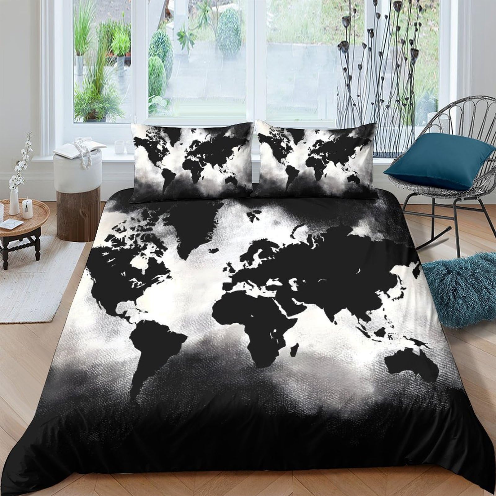 Ctjqhvkz Style-2 3D Printed World Map Fitted Sheet Microfiber Soft Black White Globe Bed Cover For Bedroom Guest Room Decor Single（135X200cm）