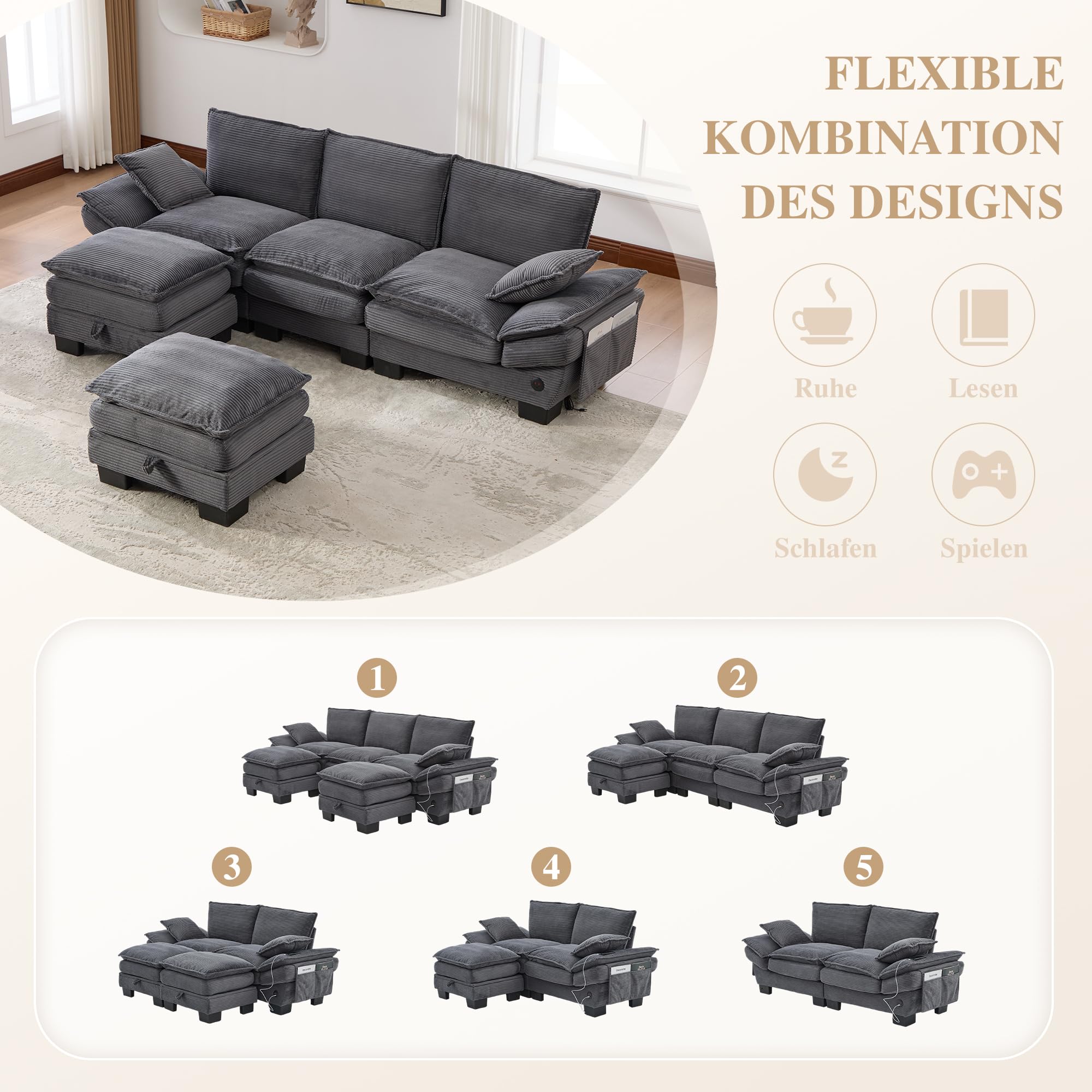 Generisch Modułowa 3-osobowa sofa ze sztruksu z 2 taboretami USB-C ciemnoszara