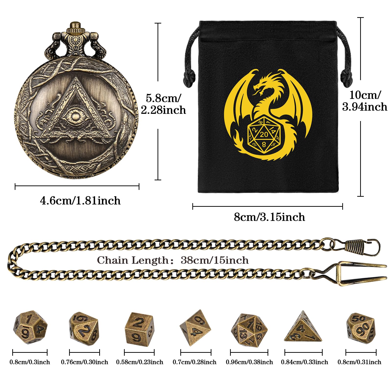 Mini DND Dice Set, with Steampunk Triangular Eye Pocket Watch Shell Case, 7-Piece Polyhedral Metal D&D Dice - Image 3
