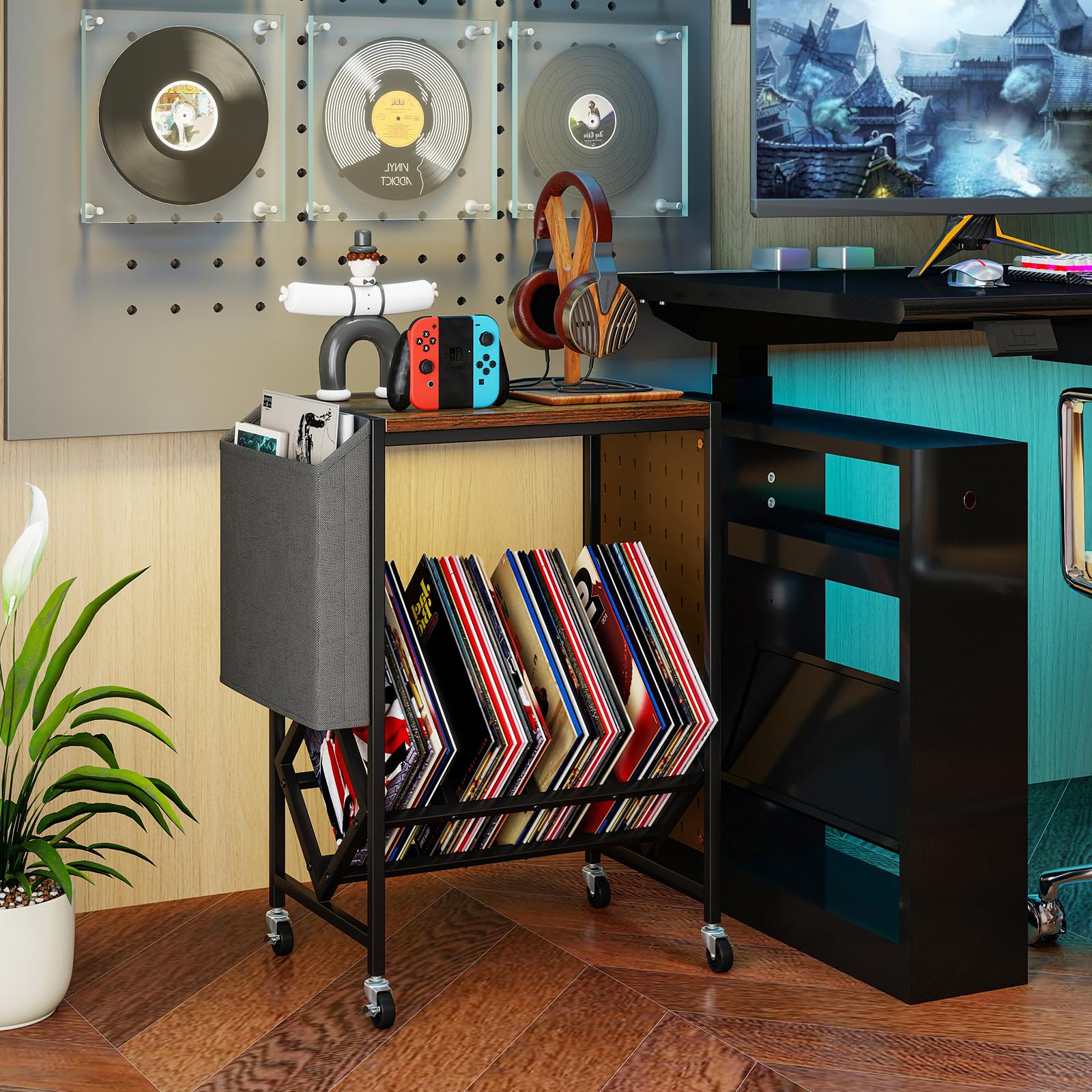 GIANTEX Meuble Vinyle à roulettes avec Poche Latérale, Meuble Vinyle Rangement pour 100 Albums CDs, Cadre en Métal, Support pour Tourne-Disques pour Salon, Salle de Musique (Marron)